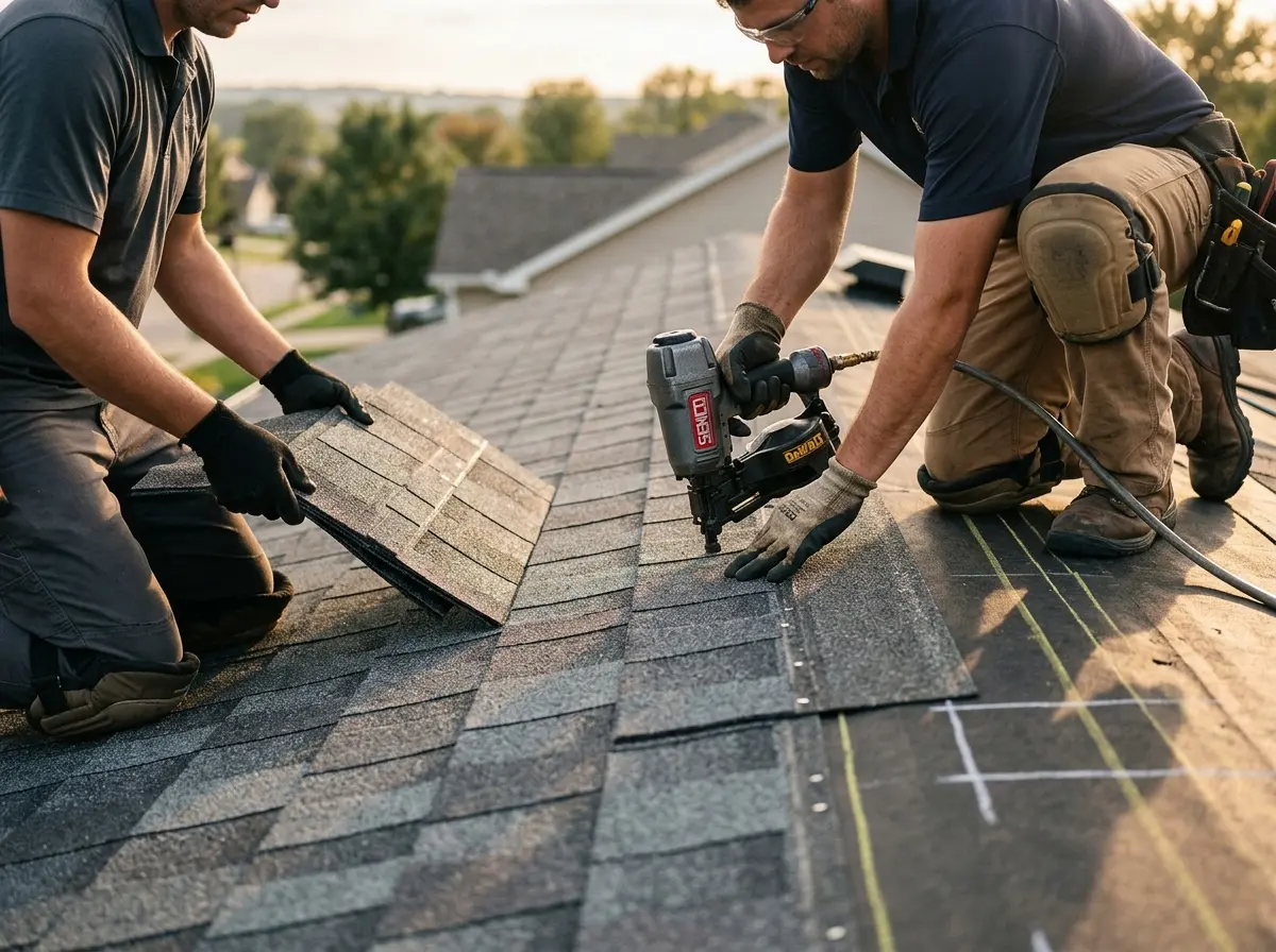 Professional roofer working on a residential roof in Rockton